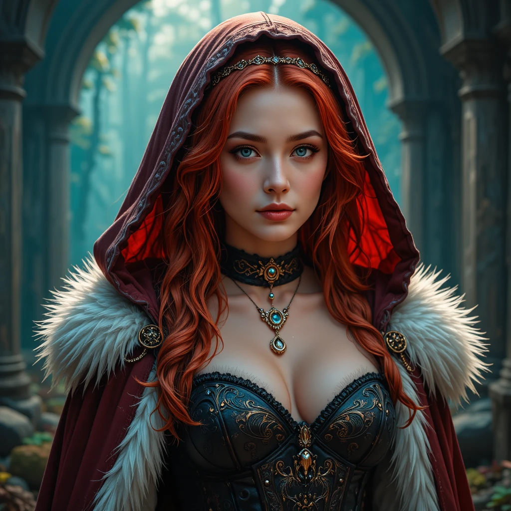 Mystical red haired woman in fur trimmed crimson cloak