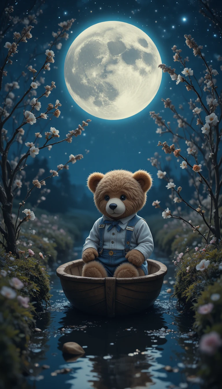 Urso de pelúcia em um pequeno barco sob um céu noturno mágico