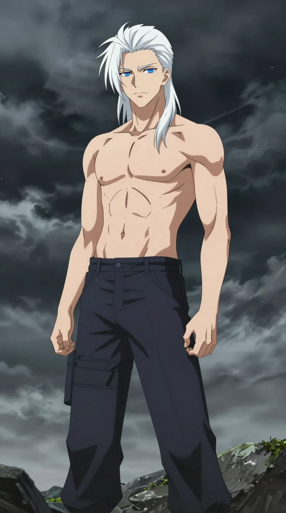 Homem de anime de cabelos brancos em cena externa tempestuosa