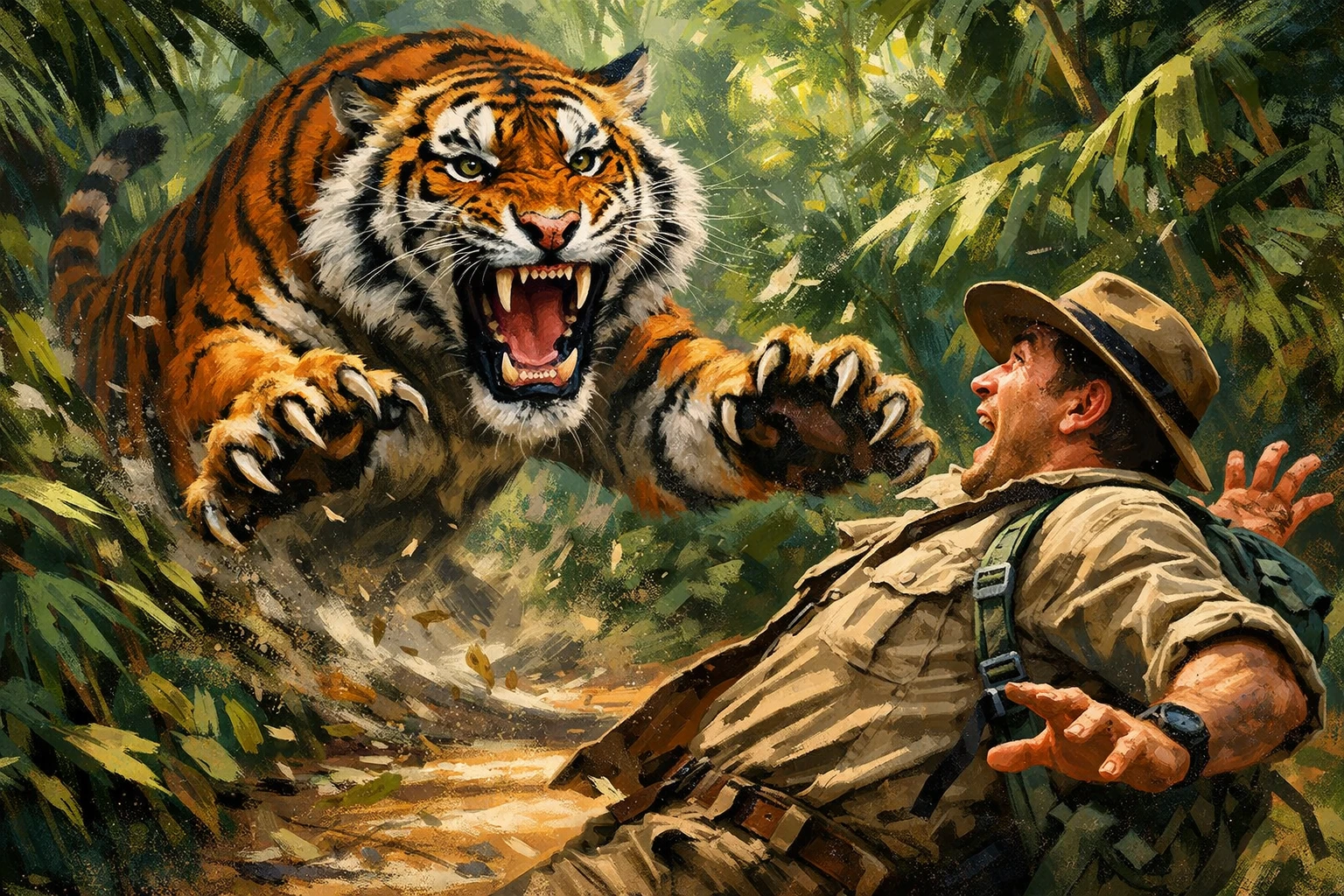 Tigre rugissant en embuscade contre un homme sur un sentier de jungle