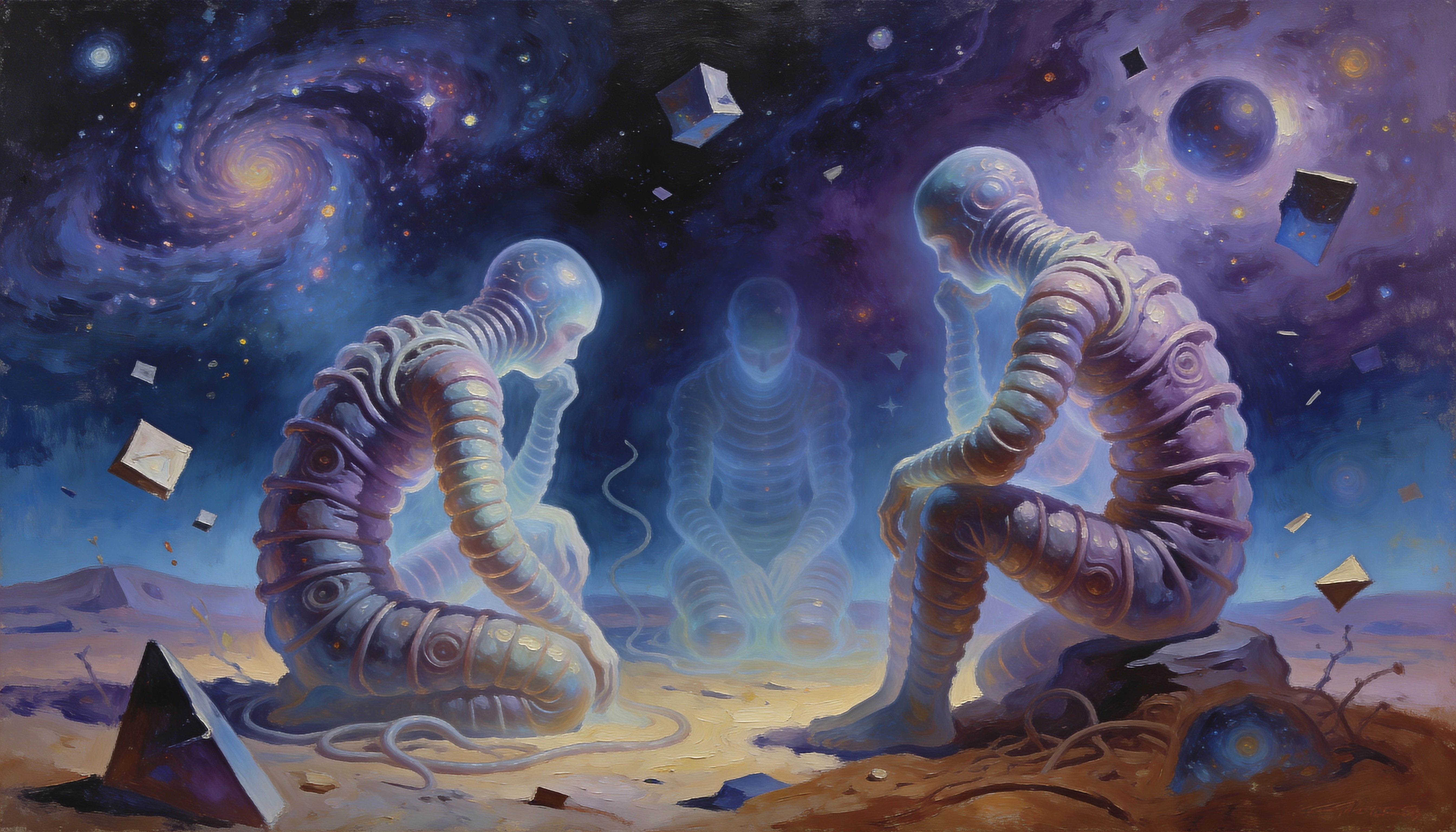 Créatures tubulaires surréalistes dans une peinture à l’huile philosophique