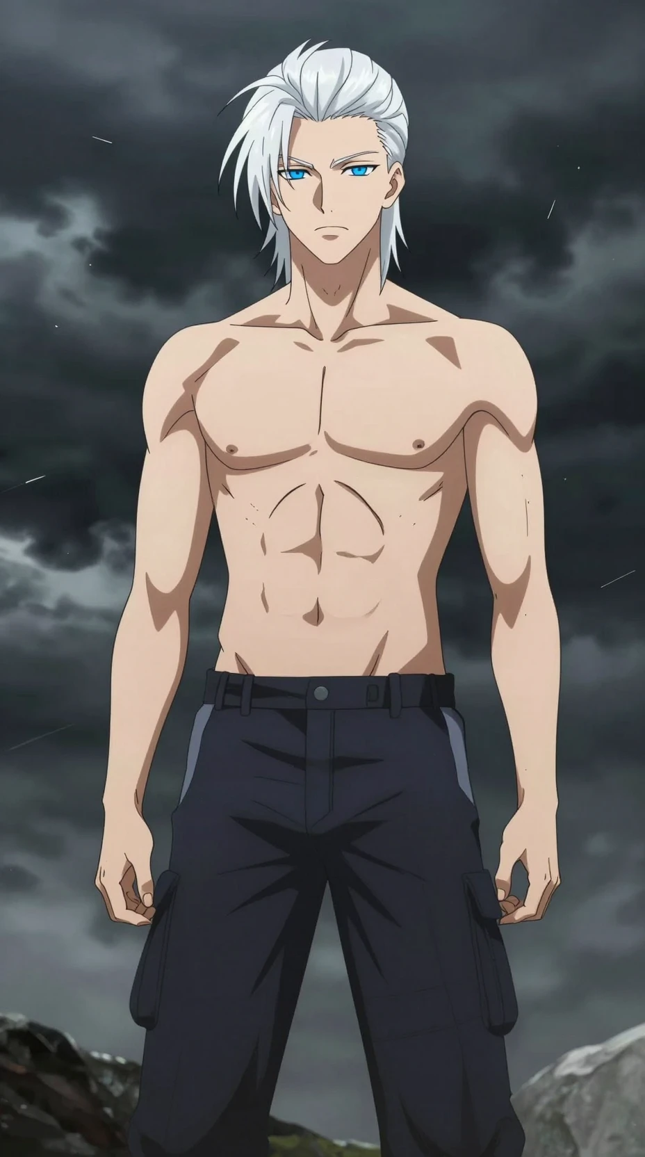 Homem de anime de cabelo branco em cena externa tempestuosa