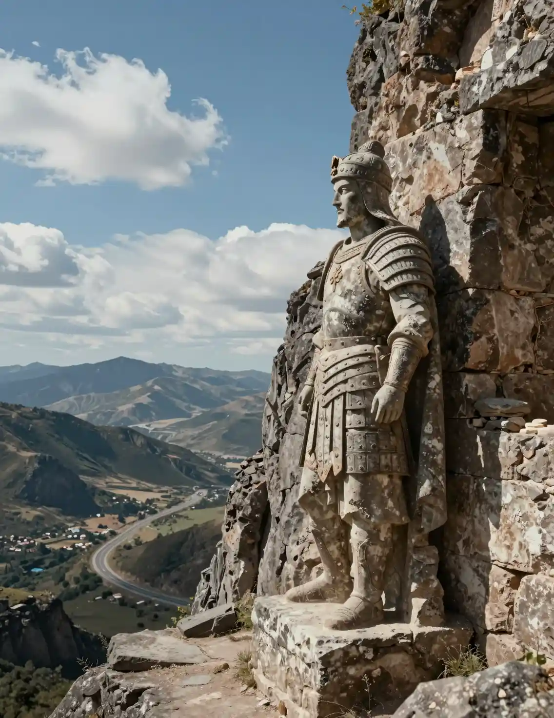 Statua di guerriero in pietra corrosa sopra un vasto vallone montano