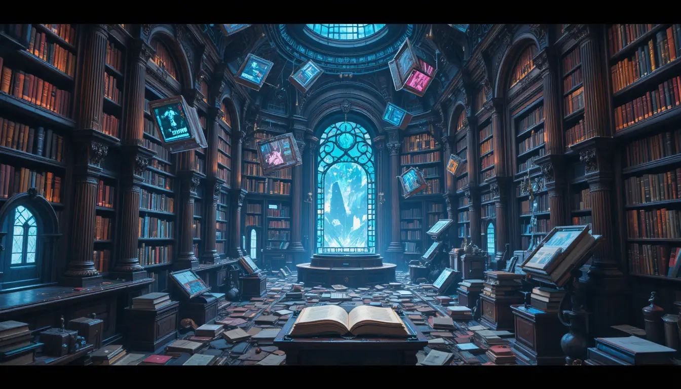 Antiga biblioteca com livros flutuantes em estilo digital encantado