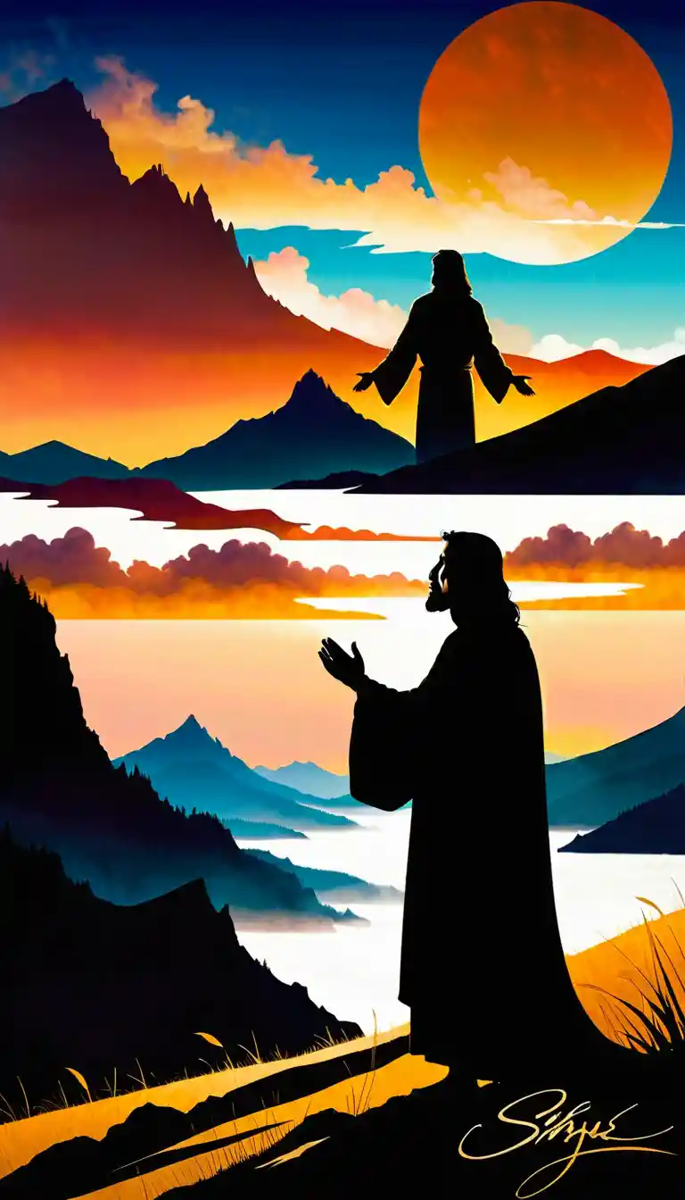 Jésus debout sur une colline baignée de soleil à l’heure dorée