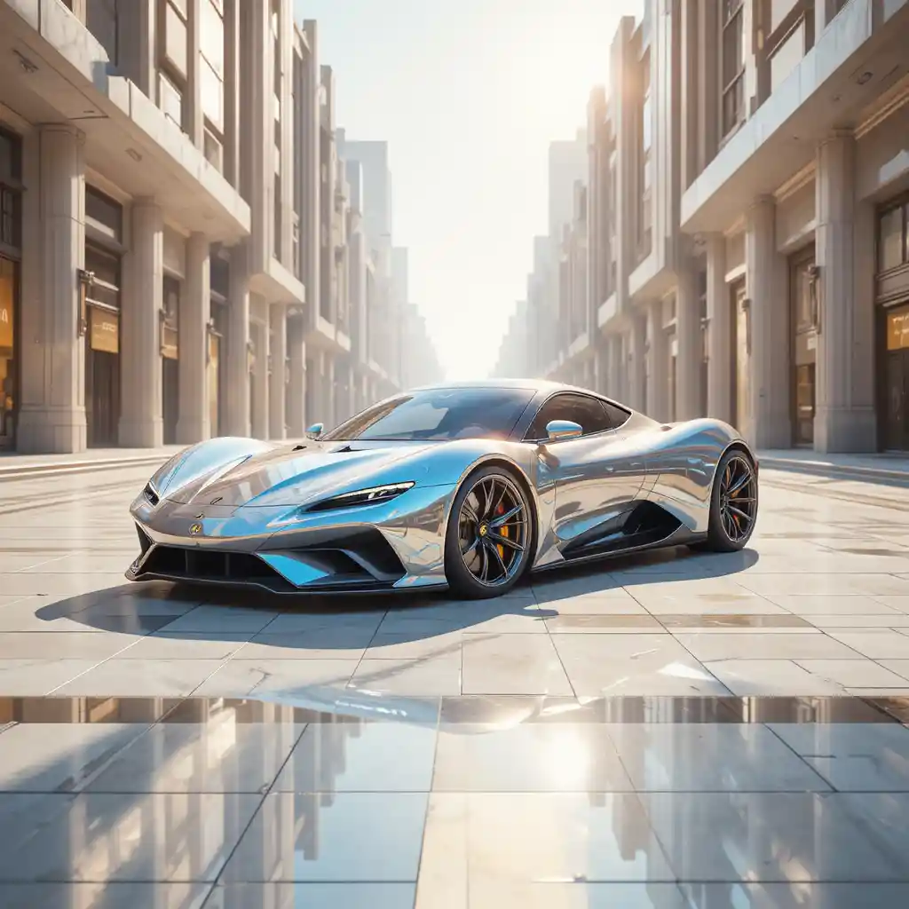 Voiture GT futuriste blanc perle dans une rue de ville paisible