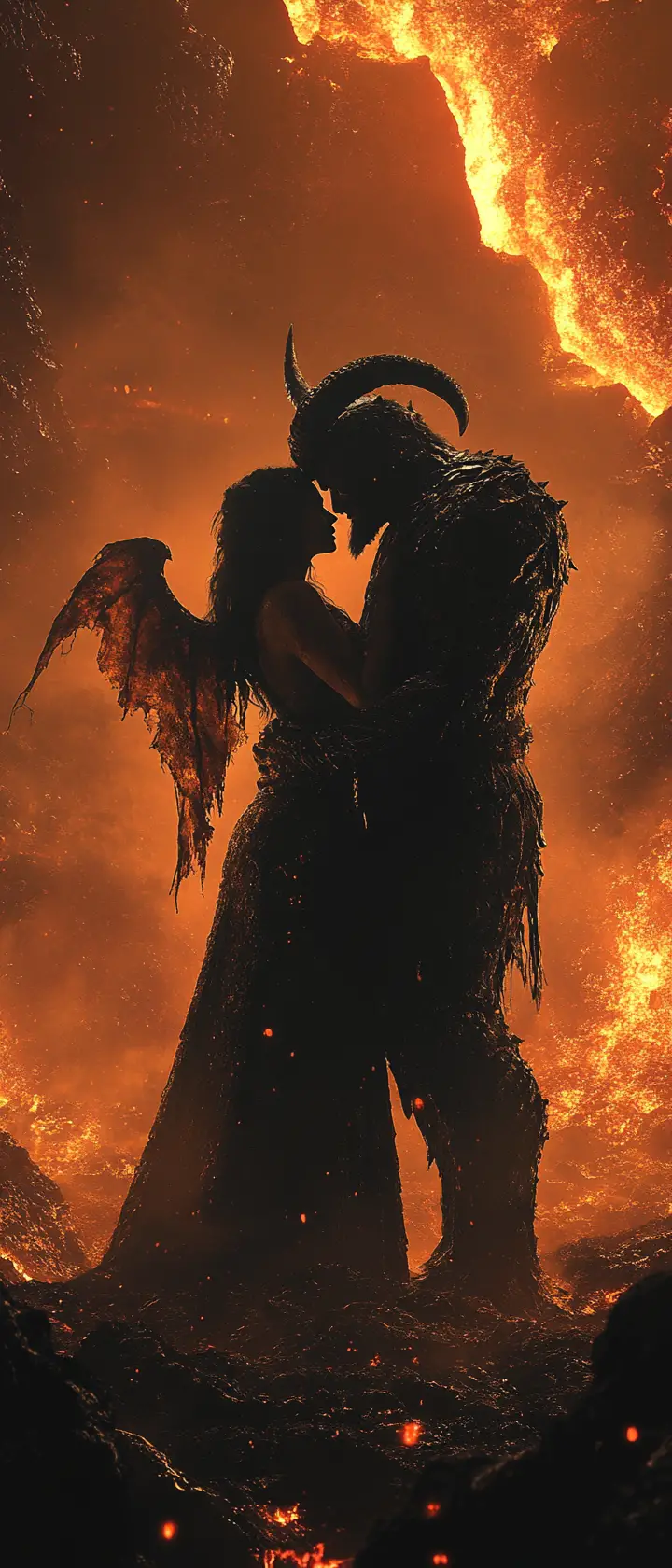 火山の夜景で悪魔の女と口づけする魔王