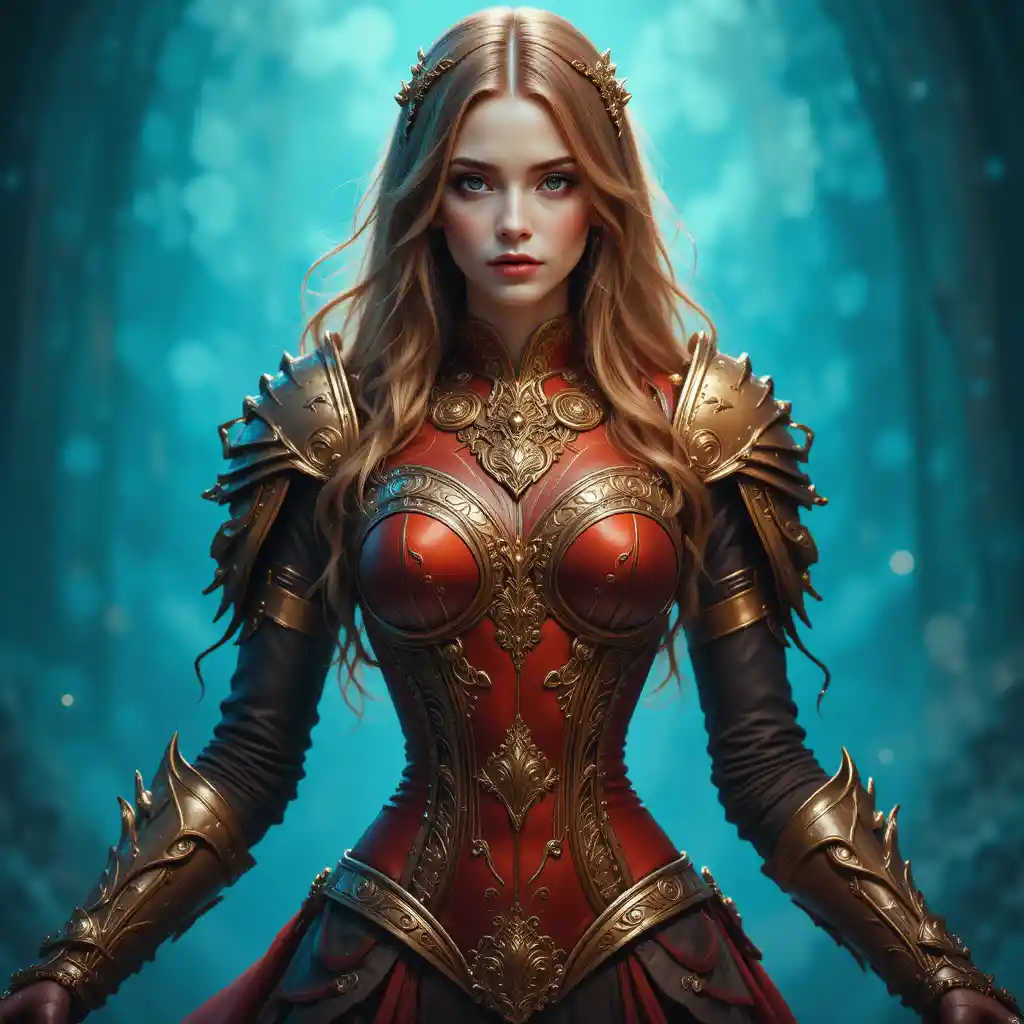 Regal fantasy woman in ornate red armor portrait