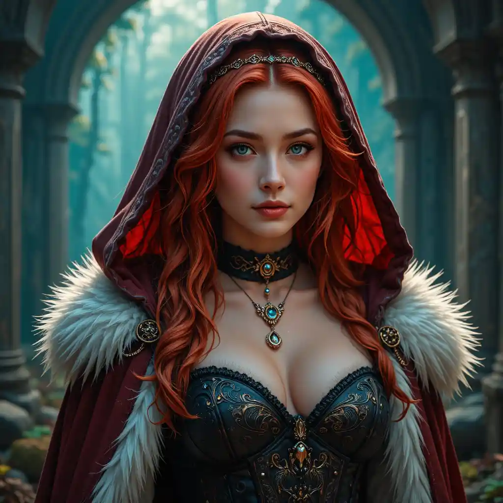 Mystical red haired woman in fur trimmed crimson cloak