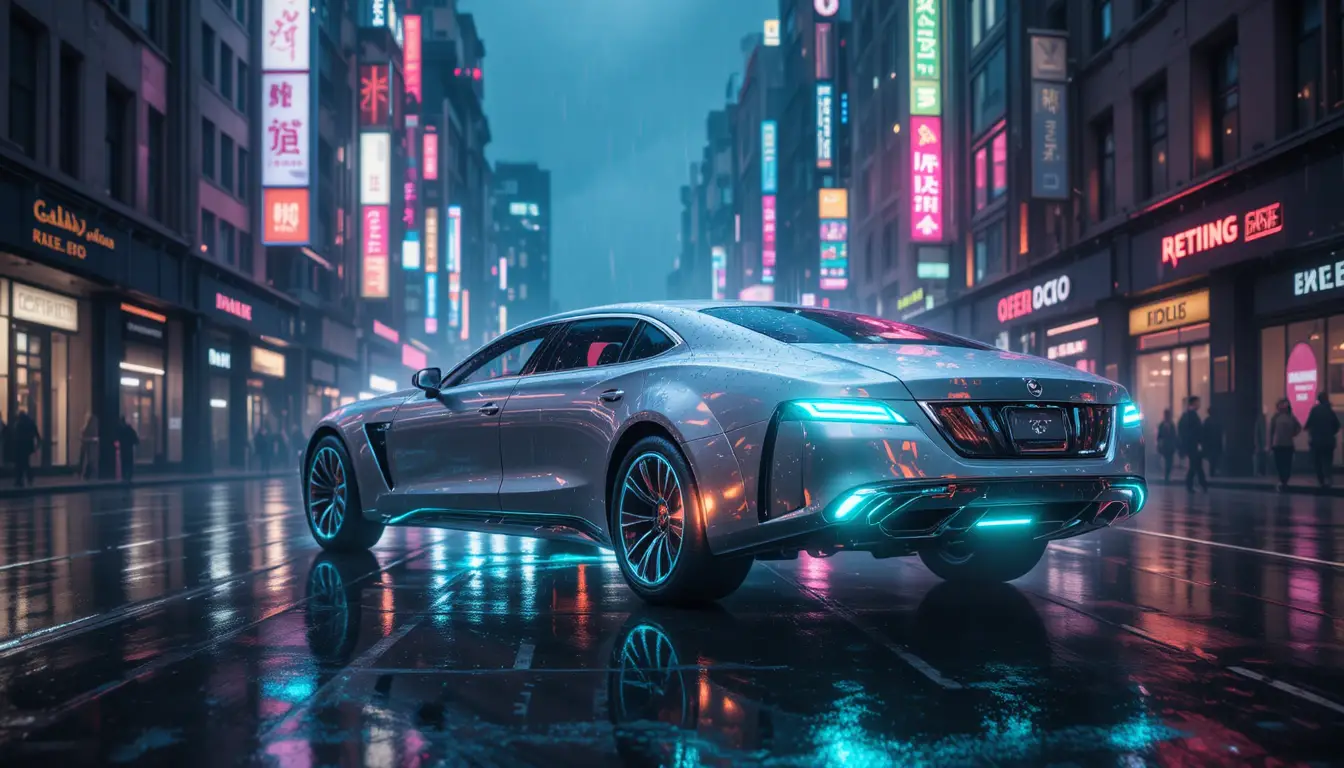 Futuristic hover limousine above neon city street