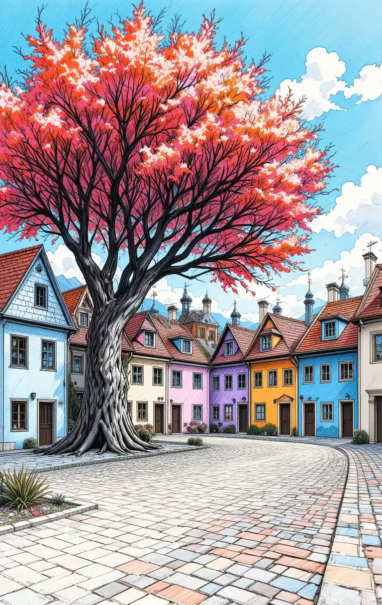 Arte lineal colorido de calle de pueblo europeo en otoño