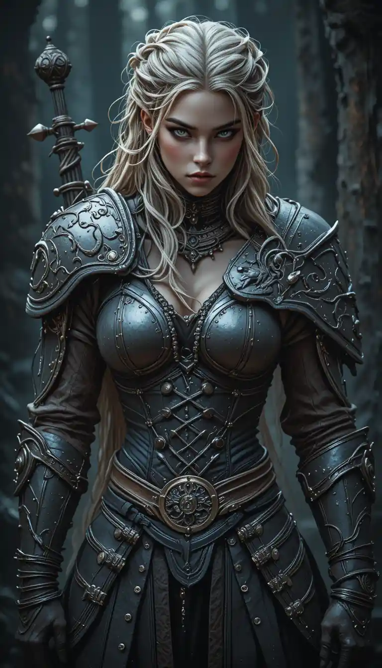 Fierce nordic warrior woman with shield and axe