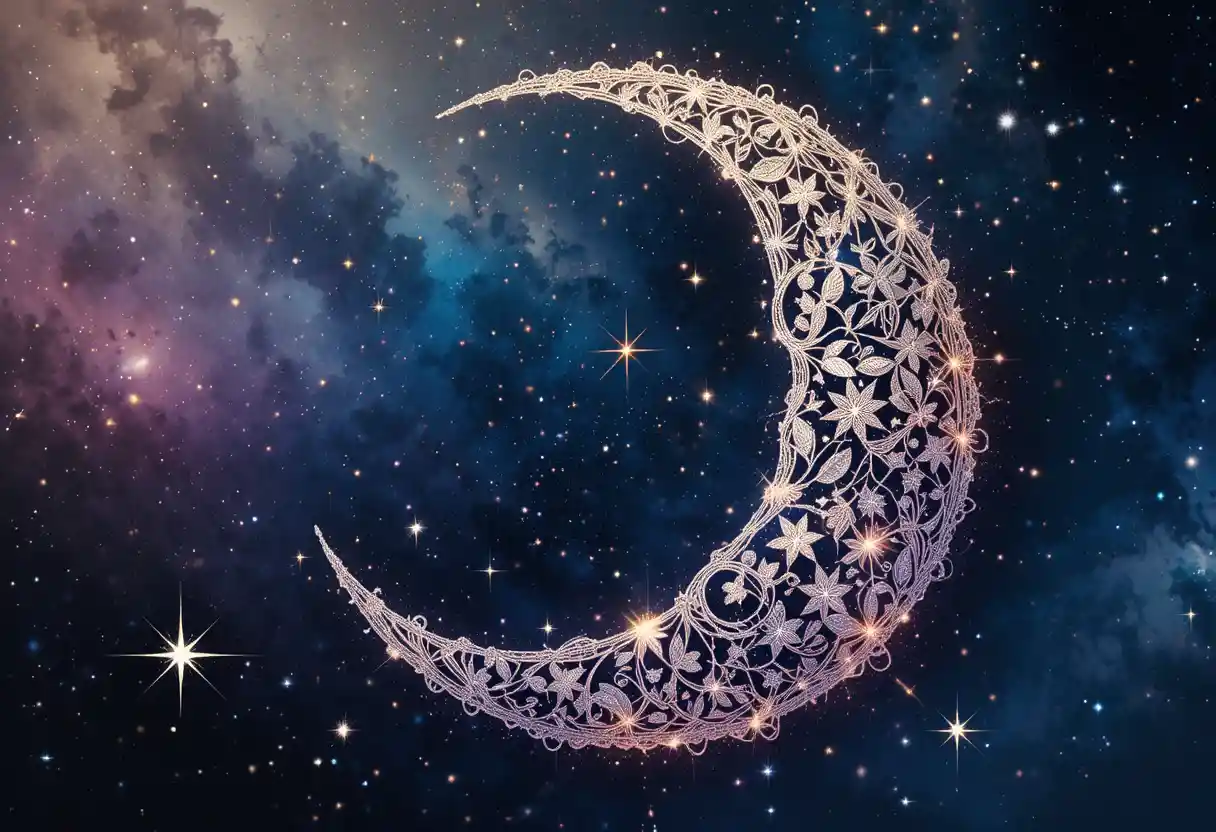 Lua Crescente de Renda com Estrelas em Nebulosa em Aquarela