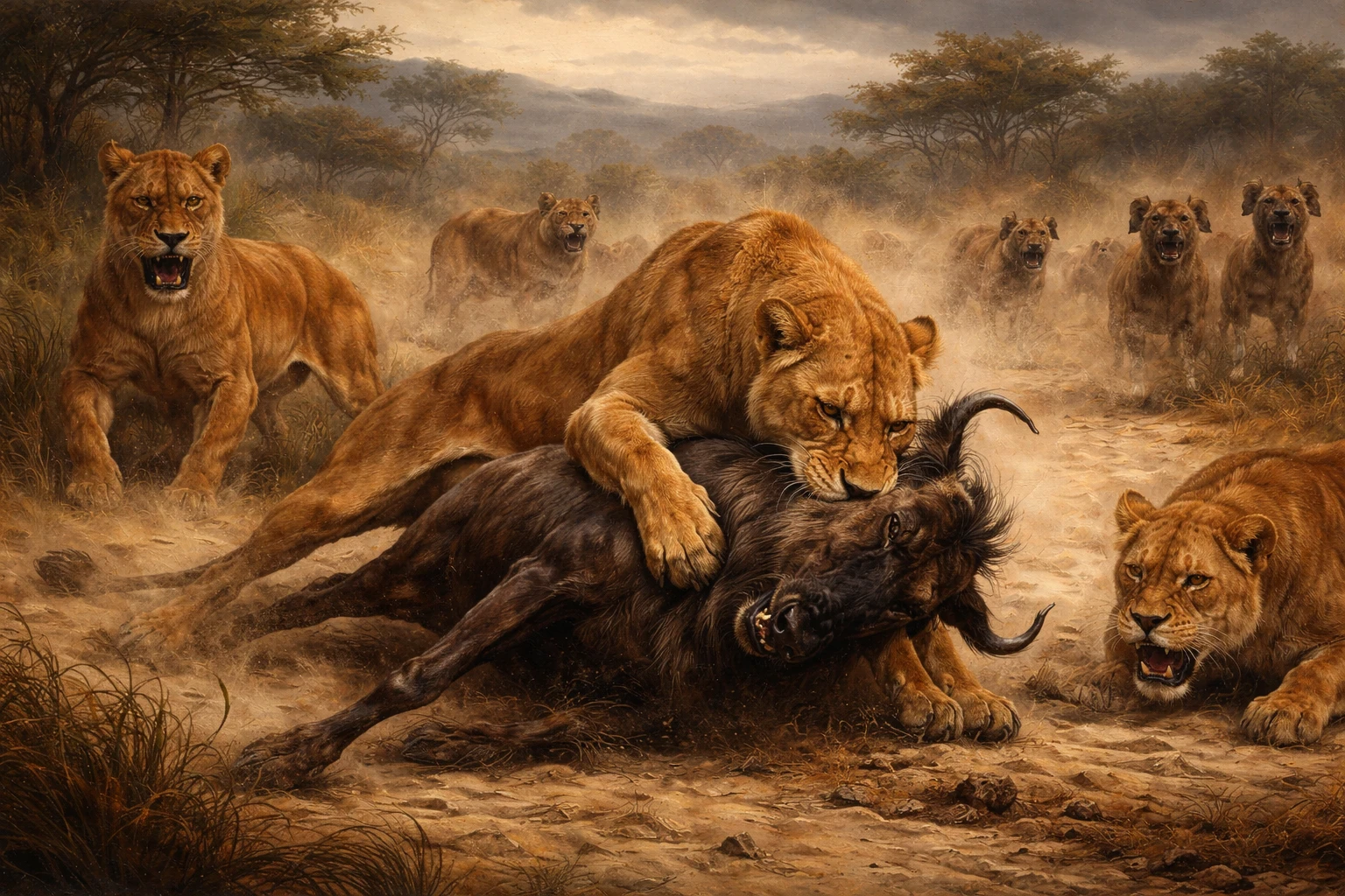 Lionesses hunting a wildebeest on the African plains