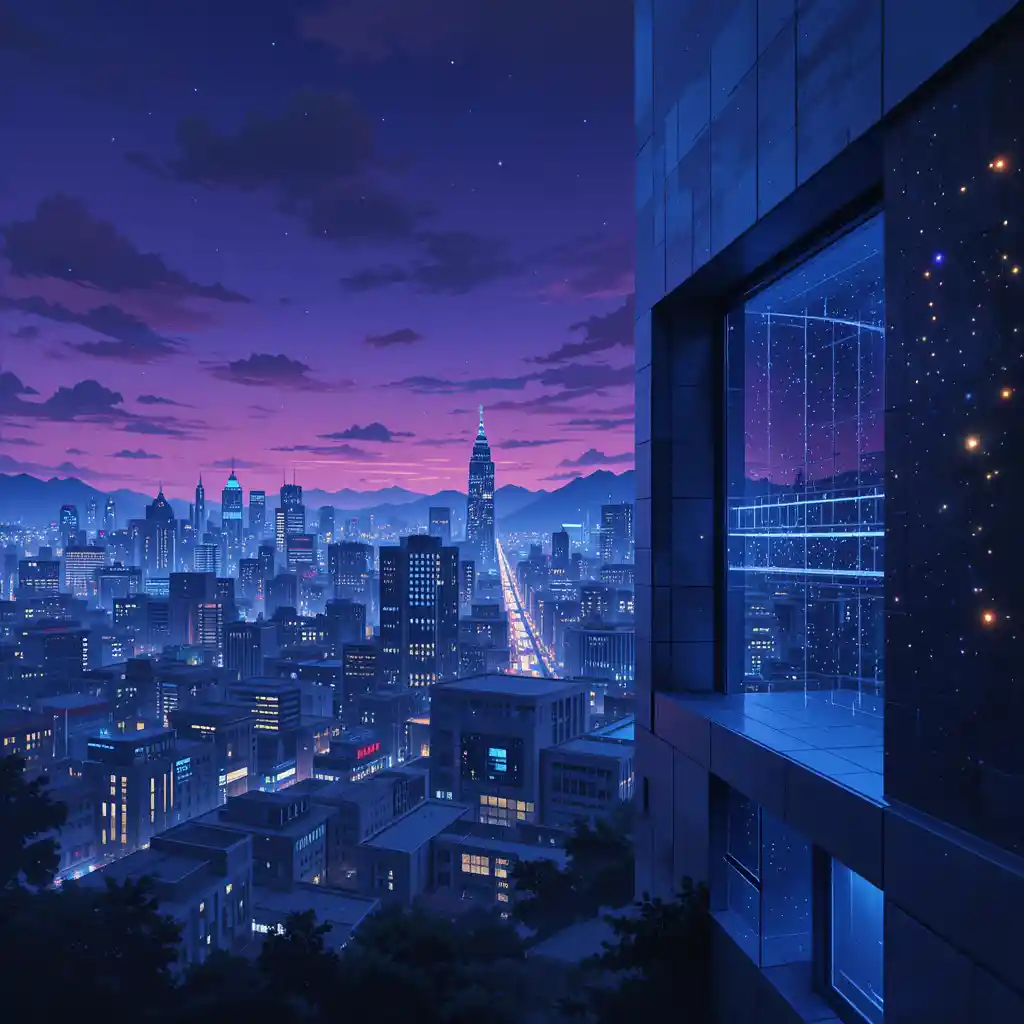 Vibrante horizonte urbano ao entardecer com janelas iluminadas