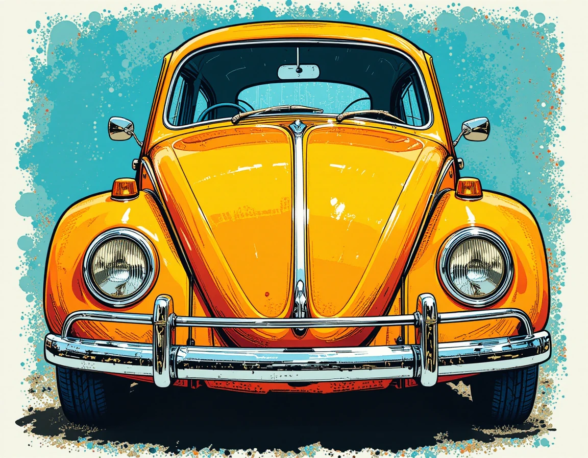 Ilustração colorida em estilo pop art de um carro Fusca retrô