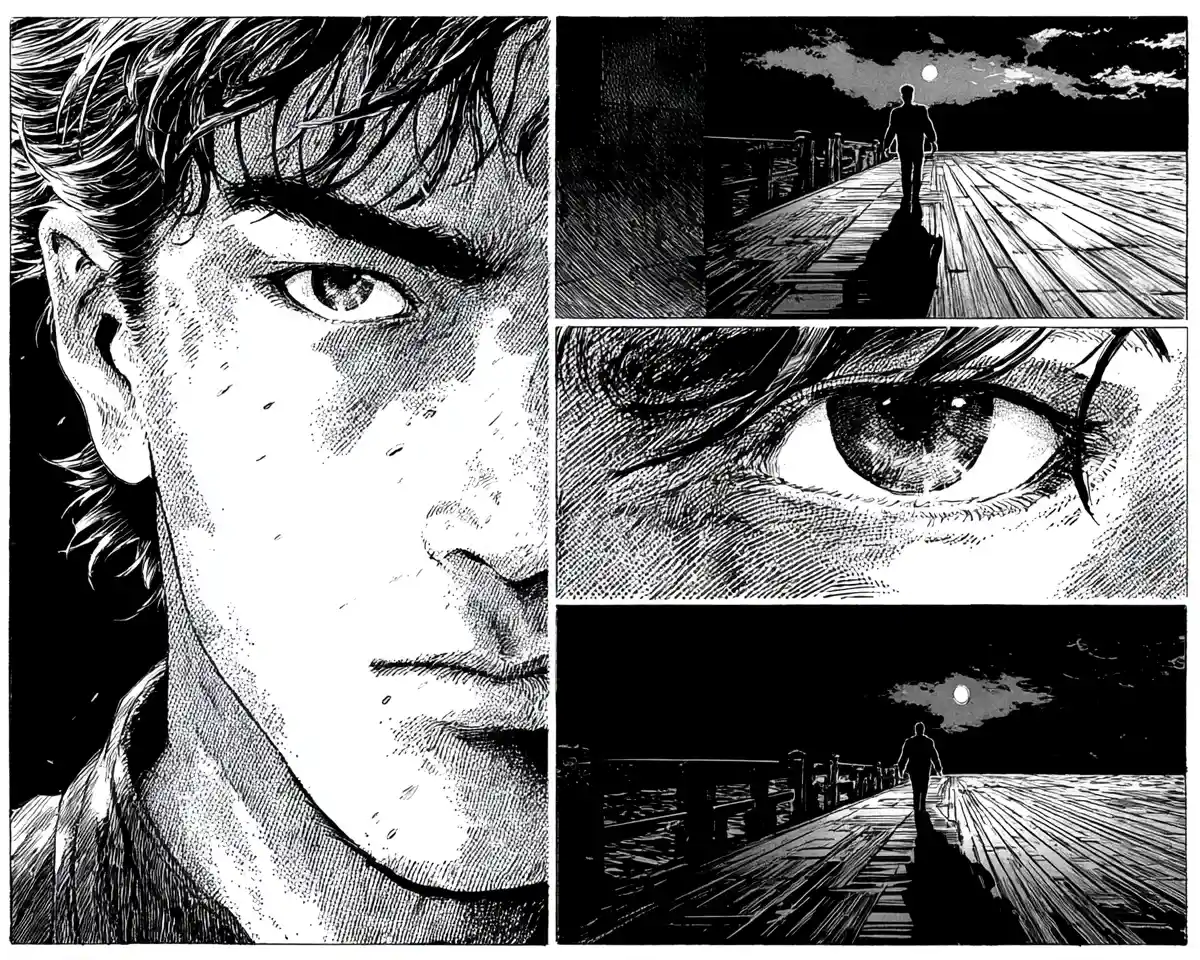 夜の無人桟橋に立つハンサムな男（マンガ風）
