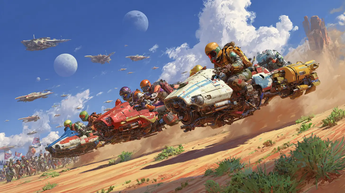 Course de landspeeders colorés au-dessus d’une lointaine planète désertique
