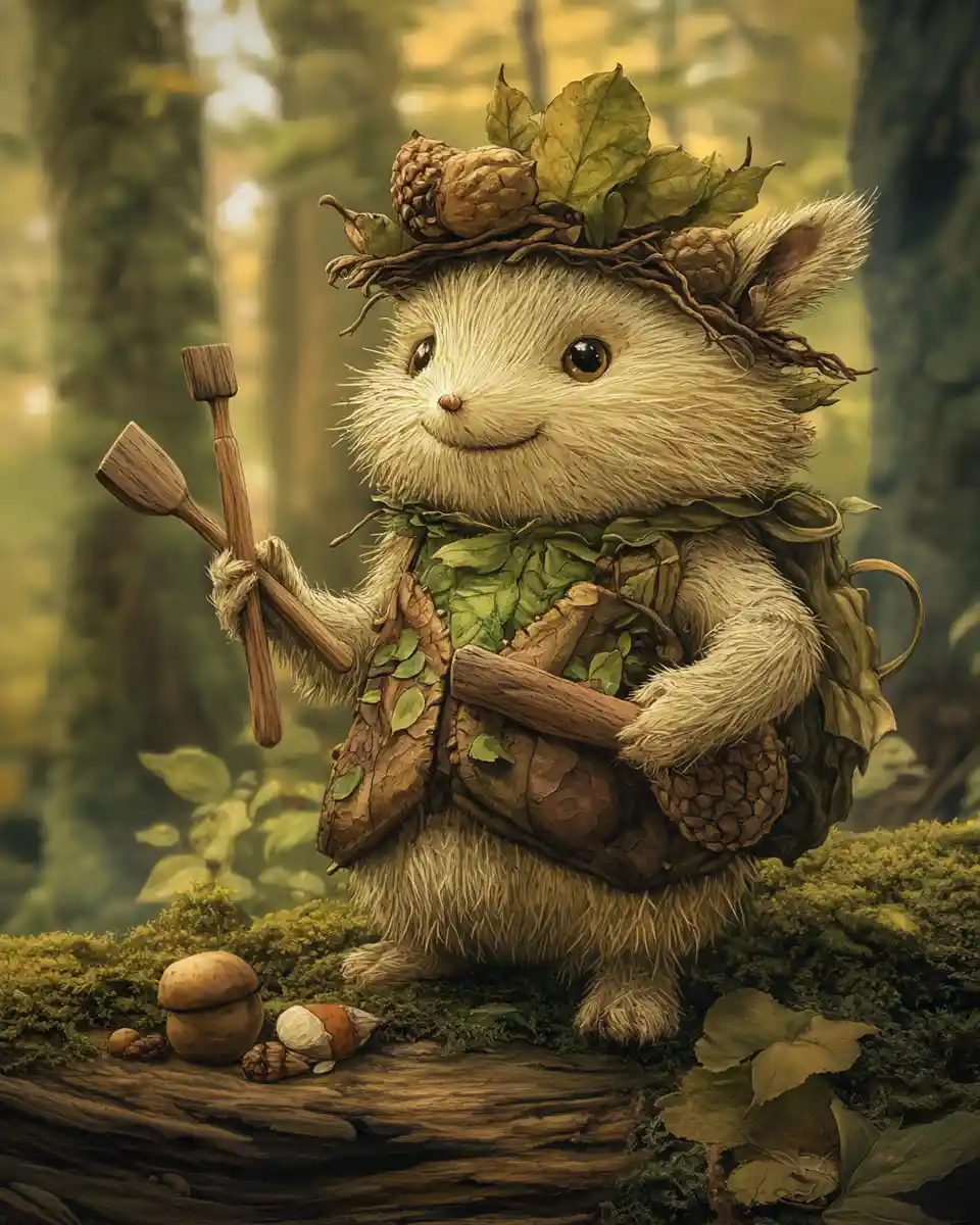 Tiny twig creature crafting beside a mossy forest log