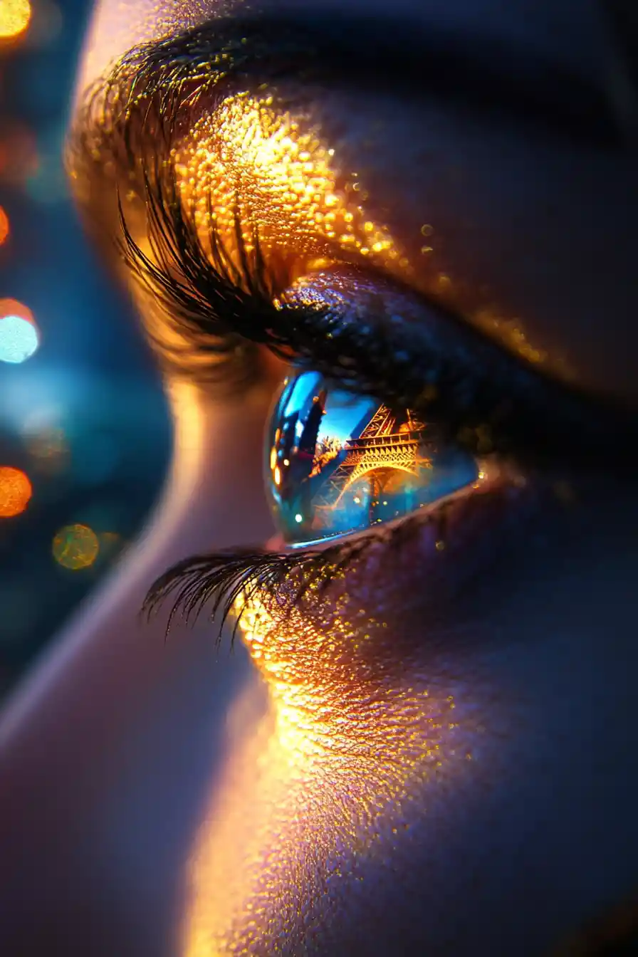 Gros plan macro de l’œil d’une femme avec le reflet de la tour Eiffel