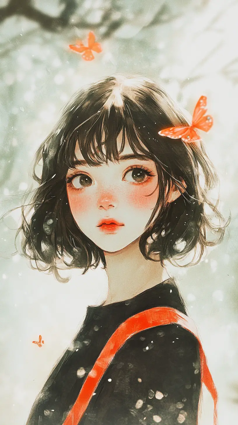 Watercolor portrait of a girl with ribbon and butterflies