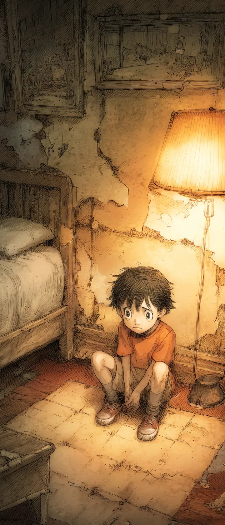 Enfant d’anime recroquevillé dans un coin de chambre vide