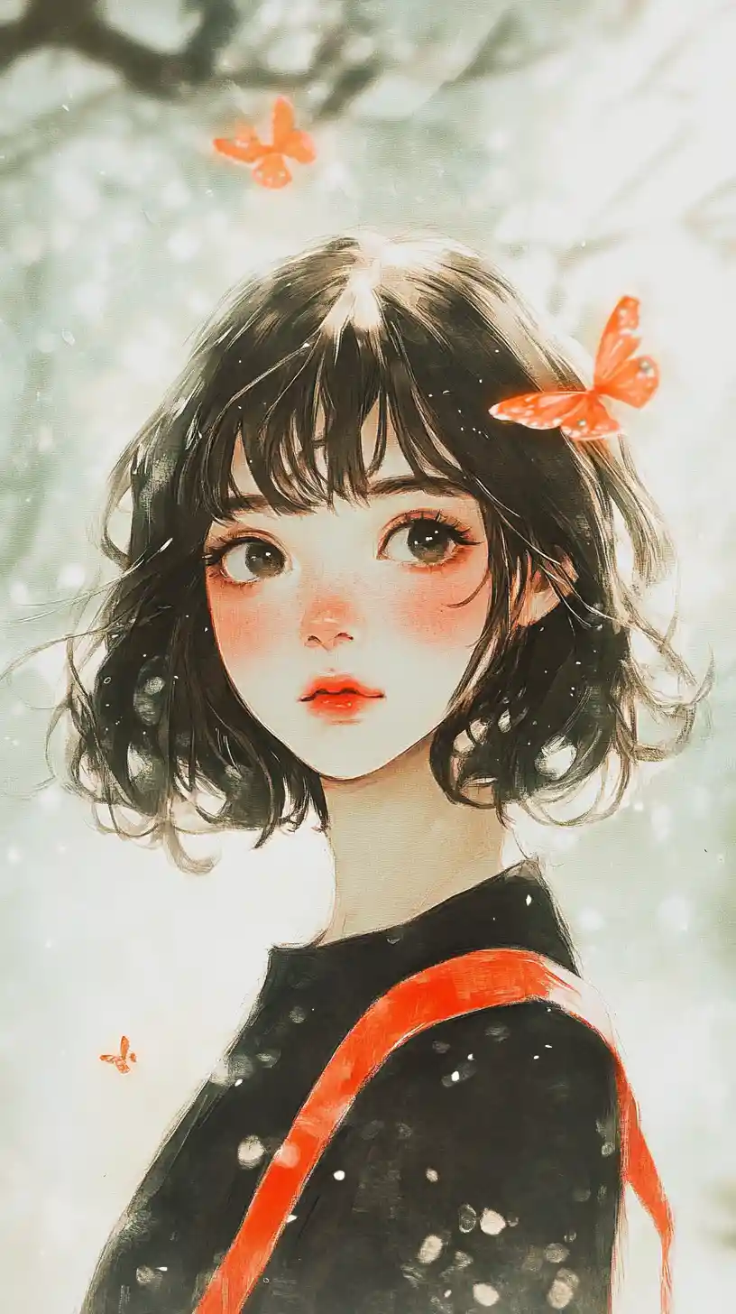 Watercolor portrait of a girl with ribbon and butterflies