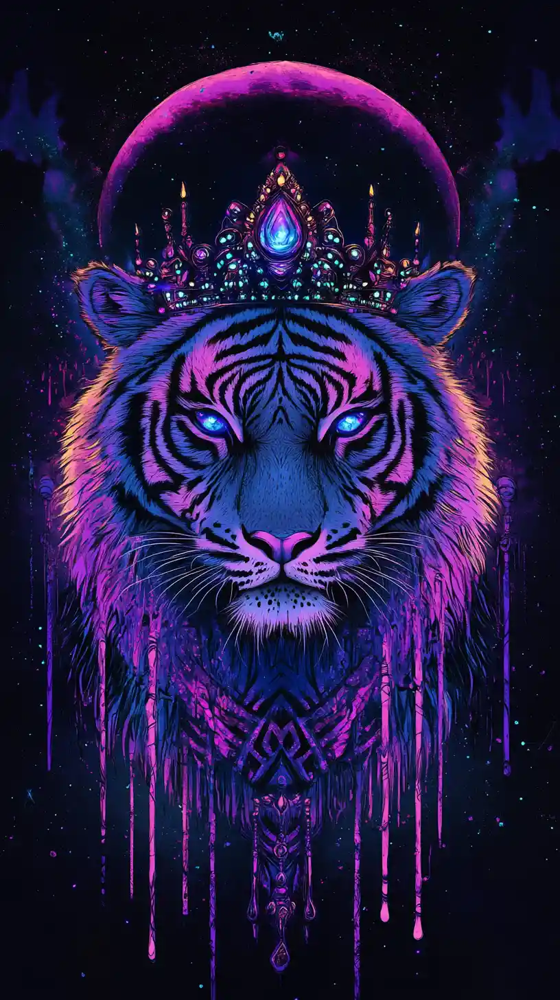 Portrait royal de tigre néon avec couronne de joyaux lumineuse