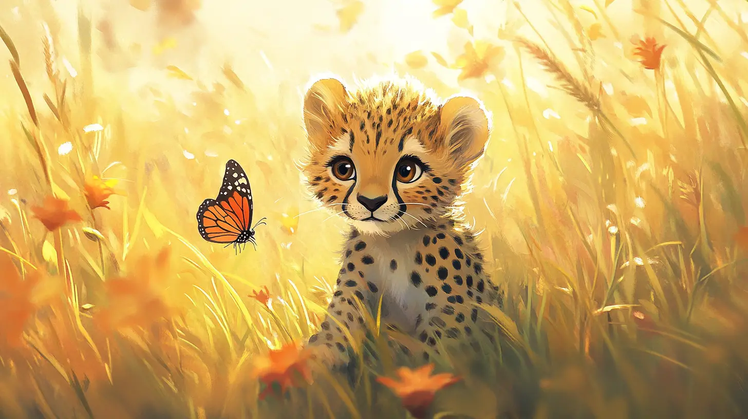 Bébé guépard traquant un papillon dans les hautes herbes de la savane
