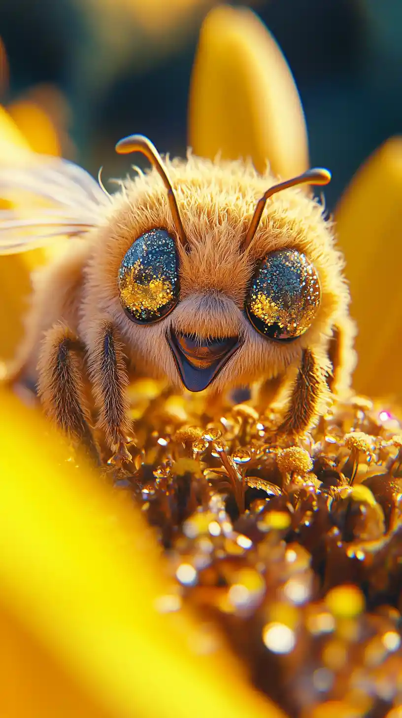Joyful Bee Drinking Nectar Inside Dewy Sunflower