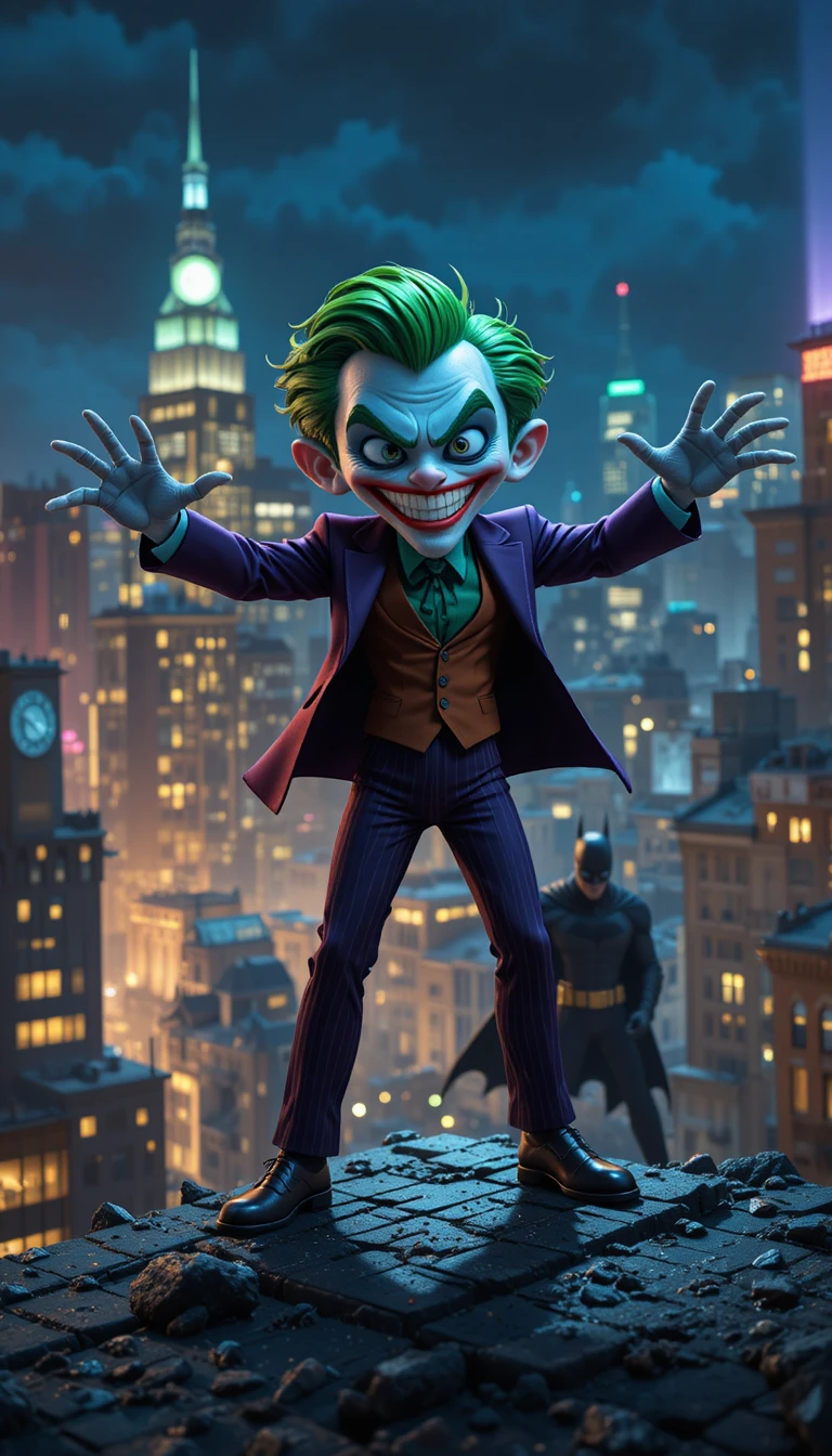 Palhaço em estilo cartoon pousando no terraço de uma cidade à noite