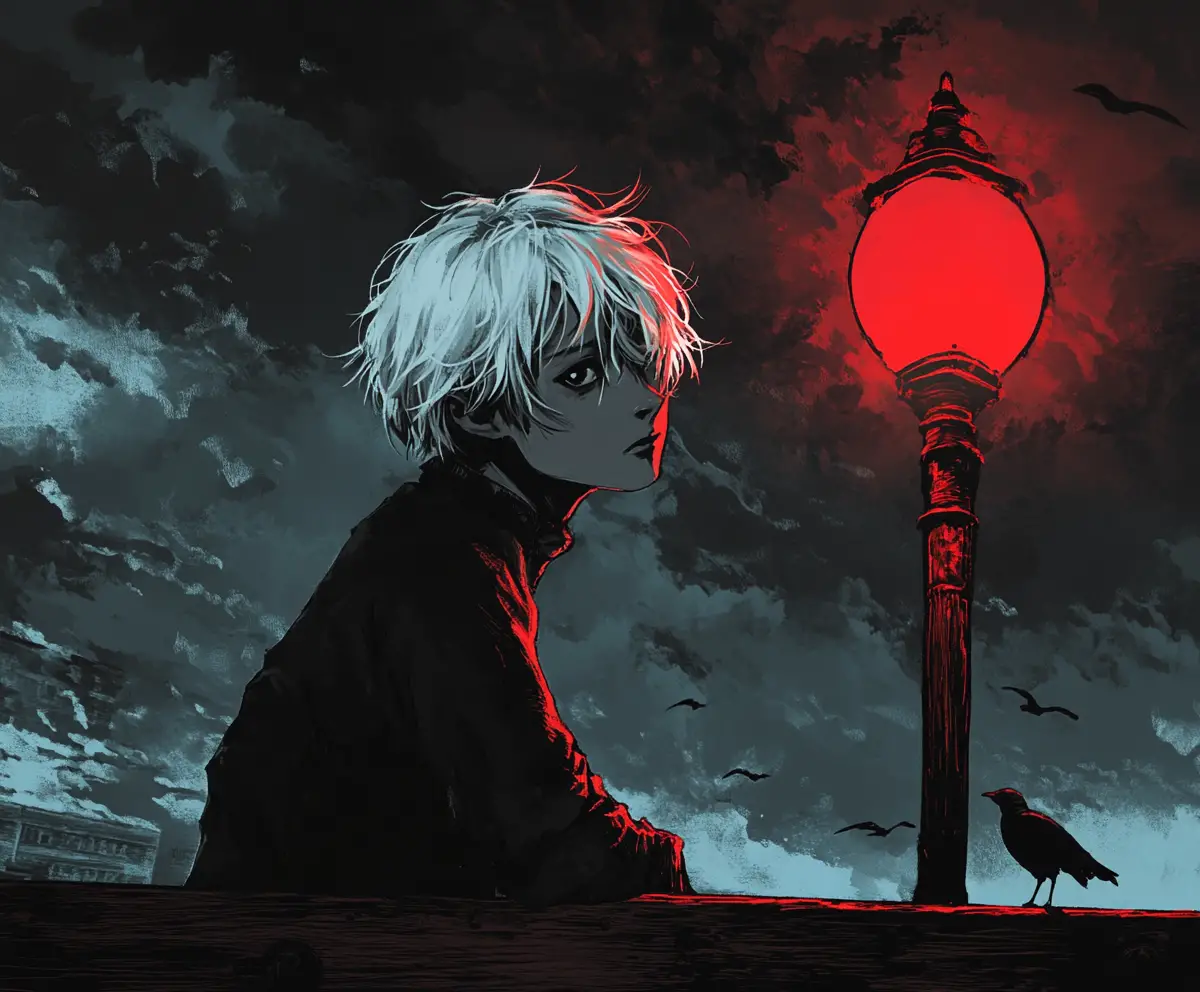 Young man under red streetlight on a misty pier
