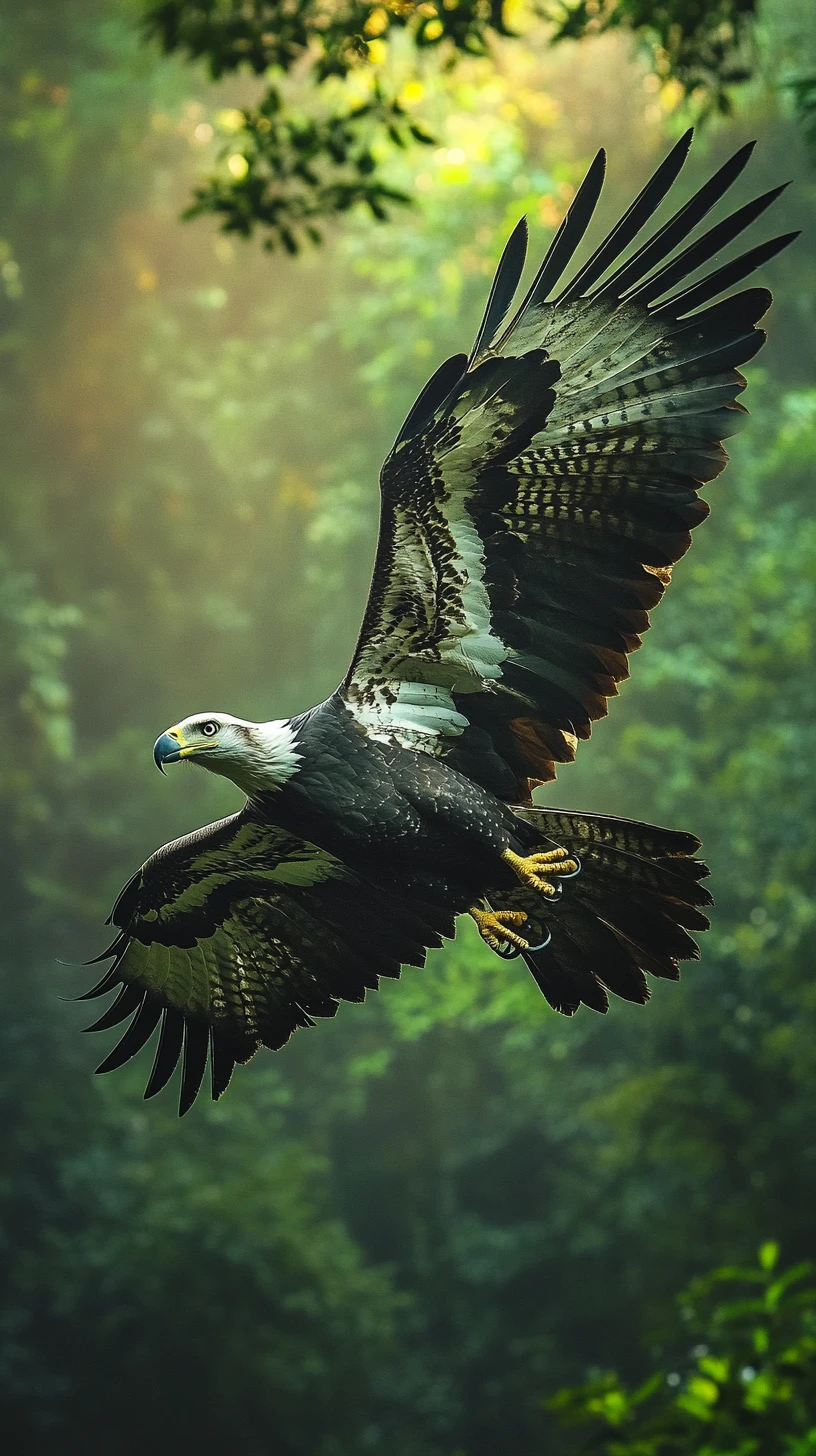 Águila arpía zambulléndose entre la brumosa copa de la jungla a la luz del sol