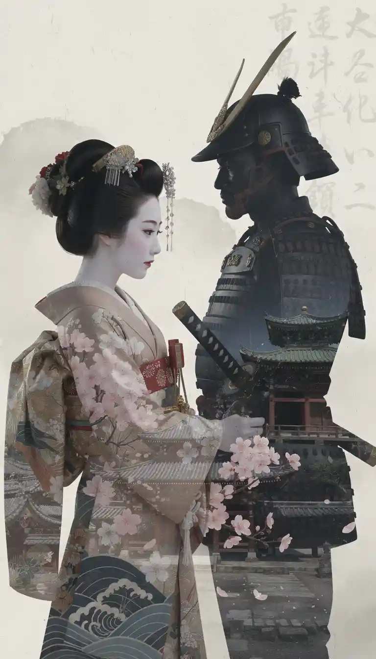 Samurai and geisha silhouettes with cherry blossom backdrop