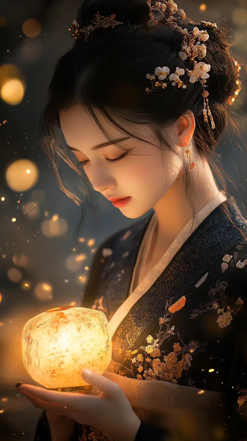 Mulher em Hanfu segurando uma lanterna brilhante à noite