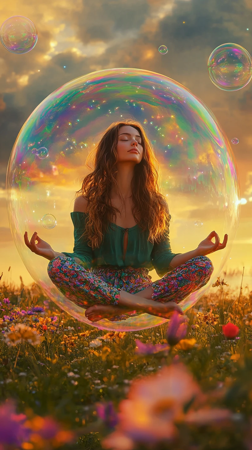 Woman meditating in a soap bubble above wildflower meadow