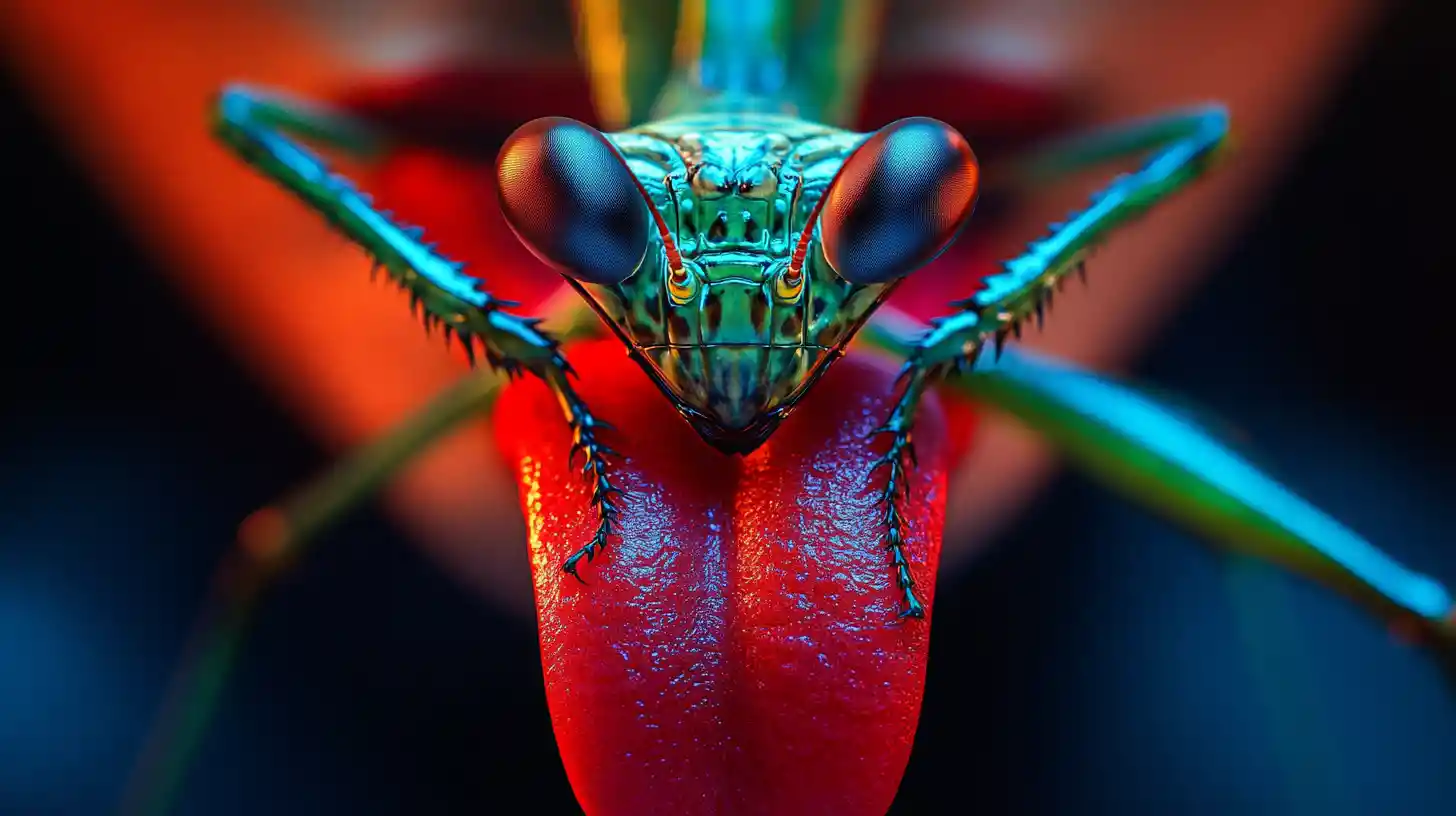 Stylized mantis posed on glossy red lips in close up