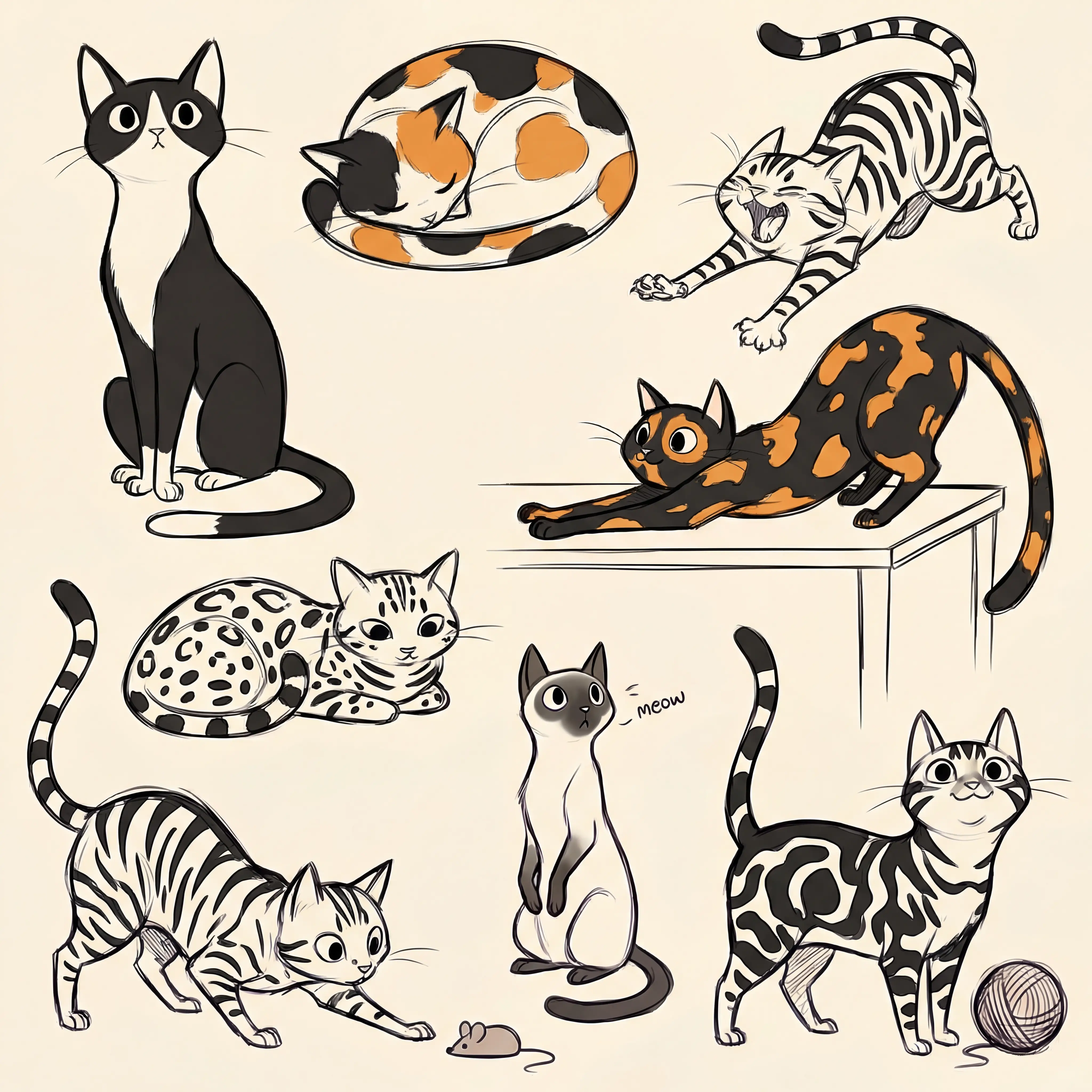 Illustrazione di pagina da colorare con gatti in bianco e nero a contorno