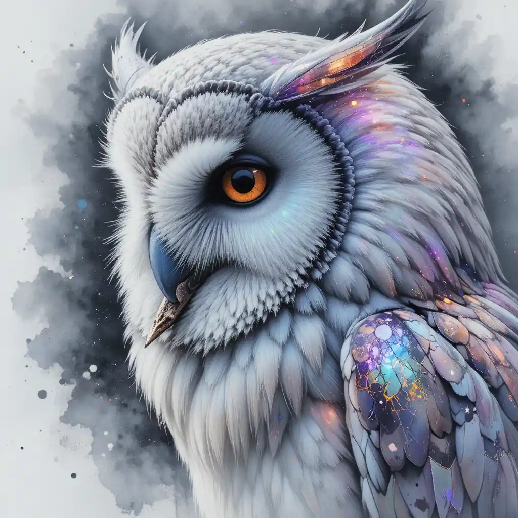 Aquarell-Porträt einer weißen Eule im Jagdfokus