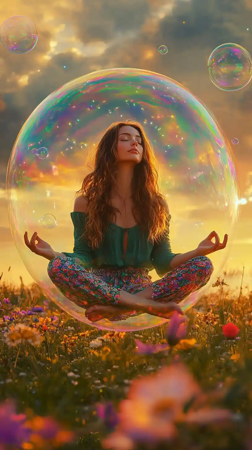 Woman meditating in a soap bubble above wildflower meadow