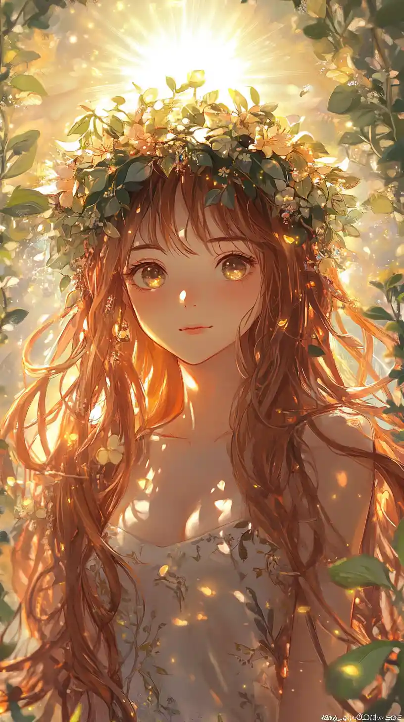 Anime forest girl with floral crown and glowing halo