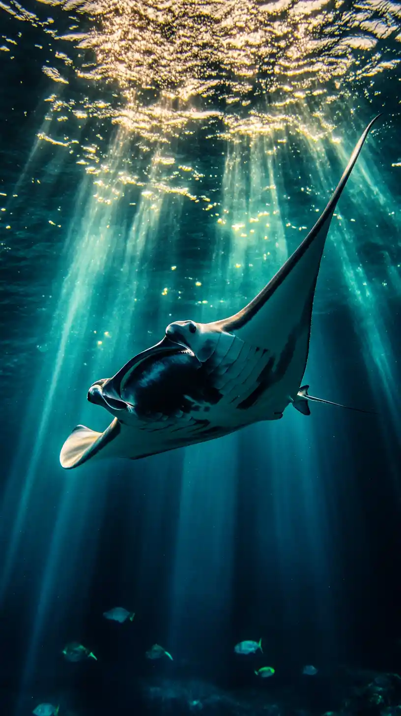 Raie manta glissant dans une lumière dorée au cœur d’une eau bleu profond
