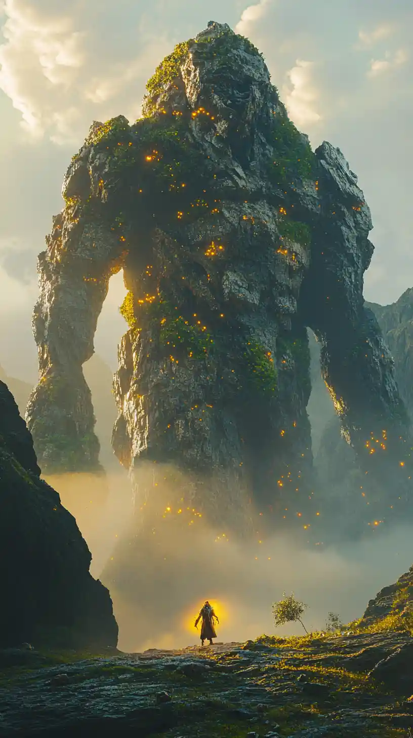 Riesiger Steingolem in einem nebligen prähistorischen Tal bei Sonnenaufgang