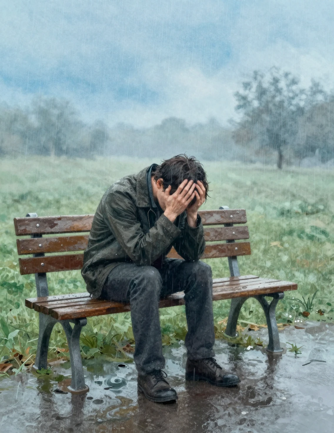 Sad man on a bench in the rain with watercolor sky