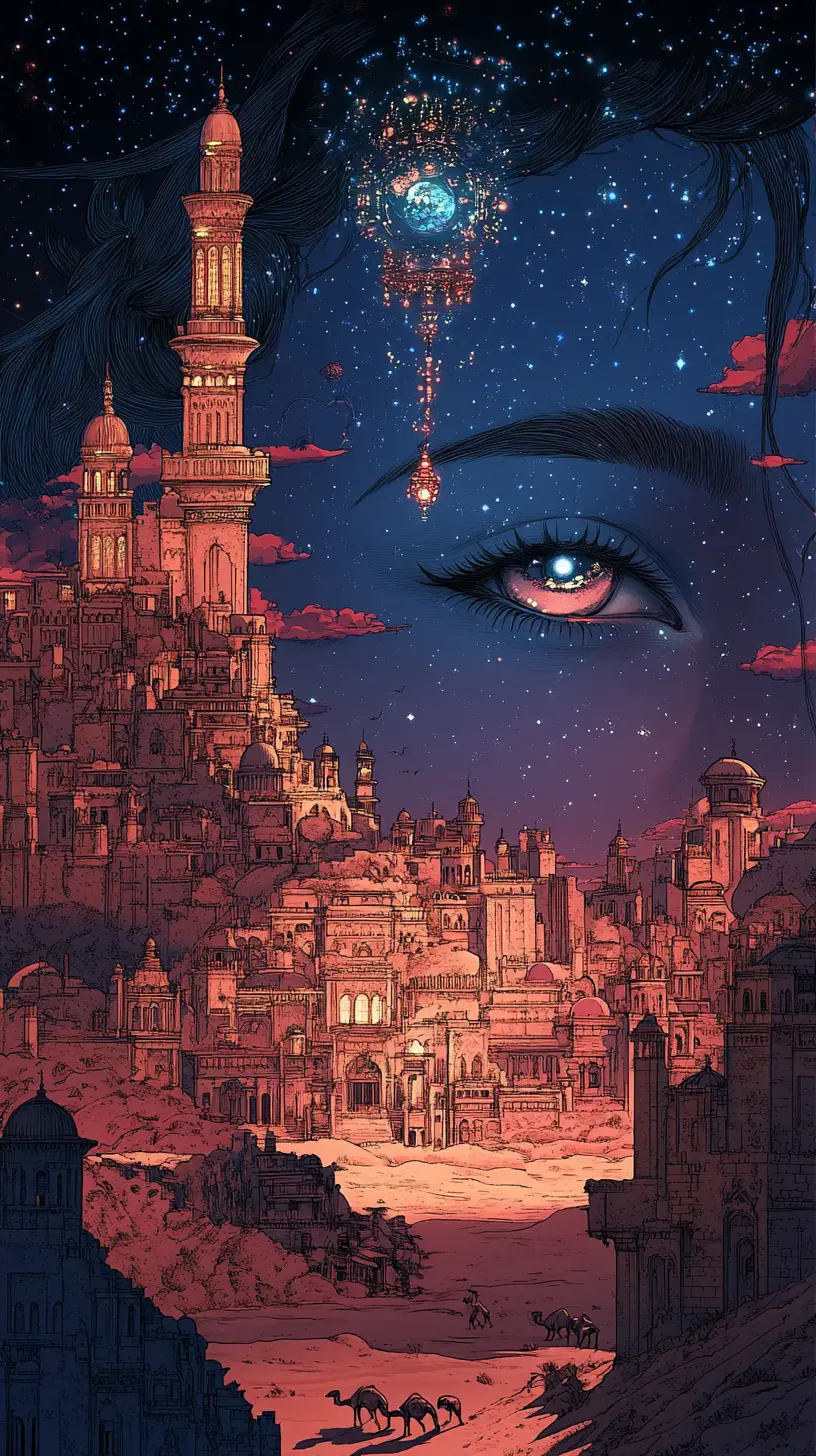 沙漠上夜空中的飄渺東方女子