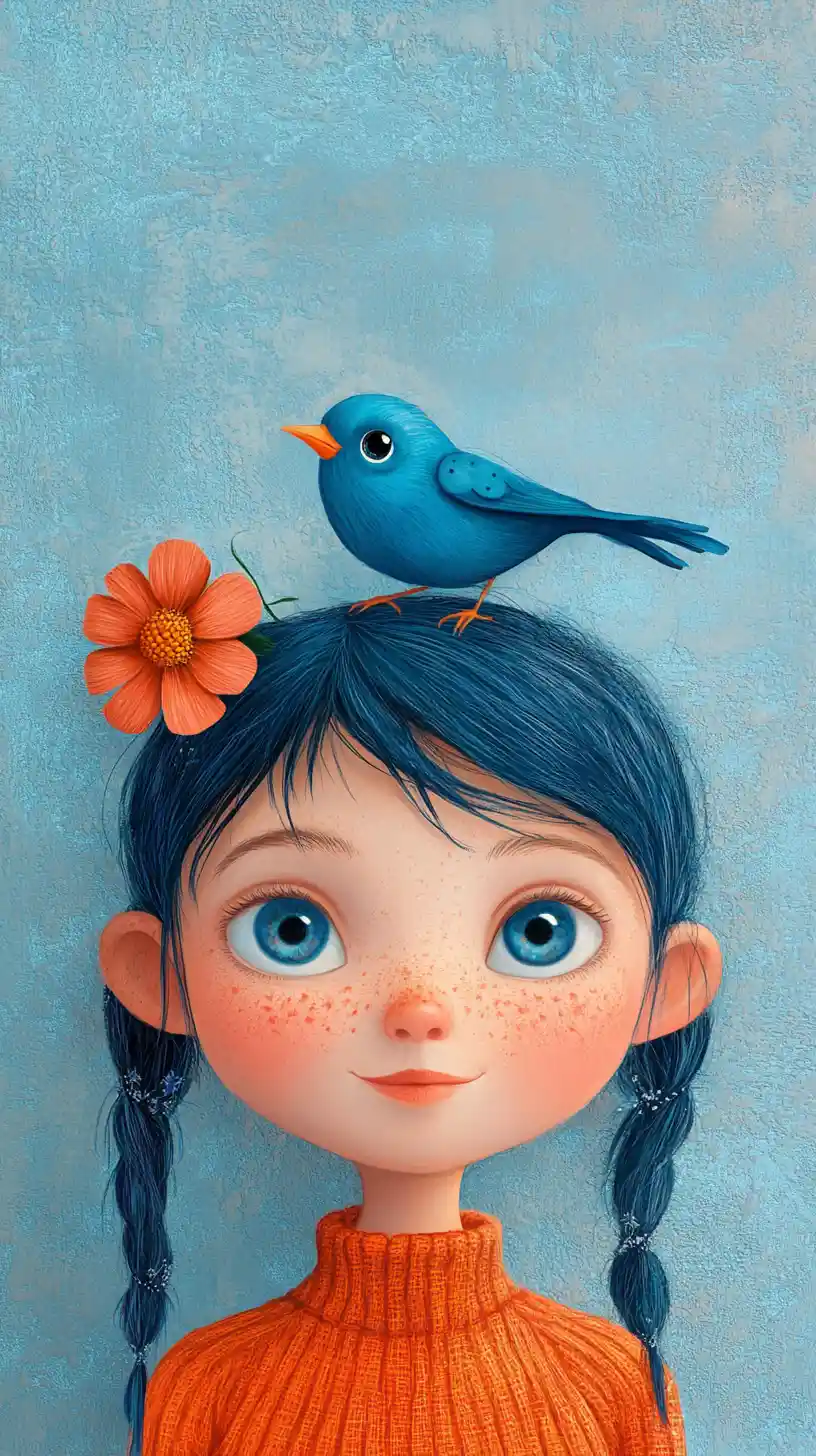 Young girl with blue bird in whimsical fairytale portrait