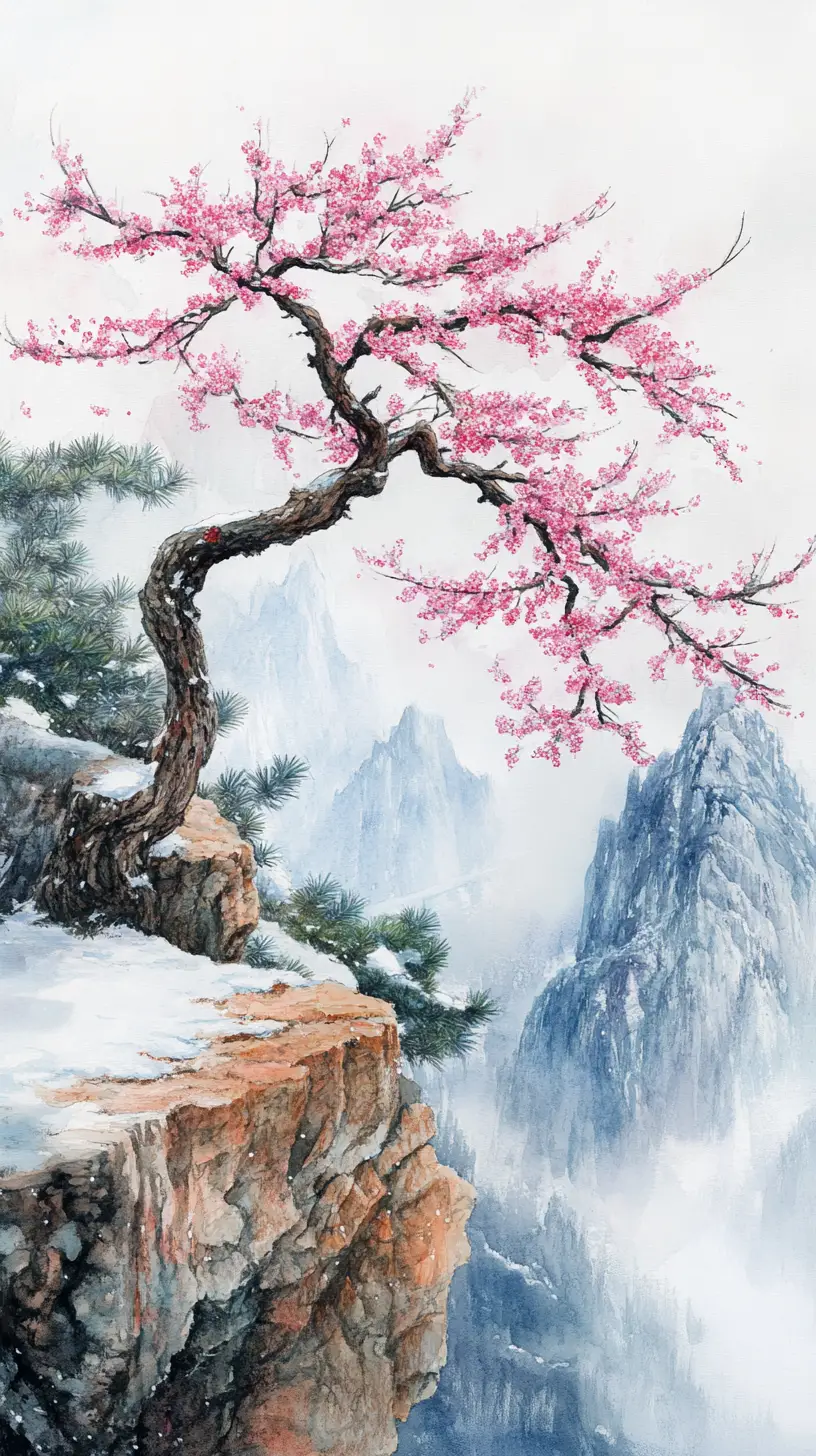 迷霧懸崖上的古松與櫻花