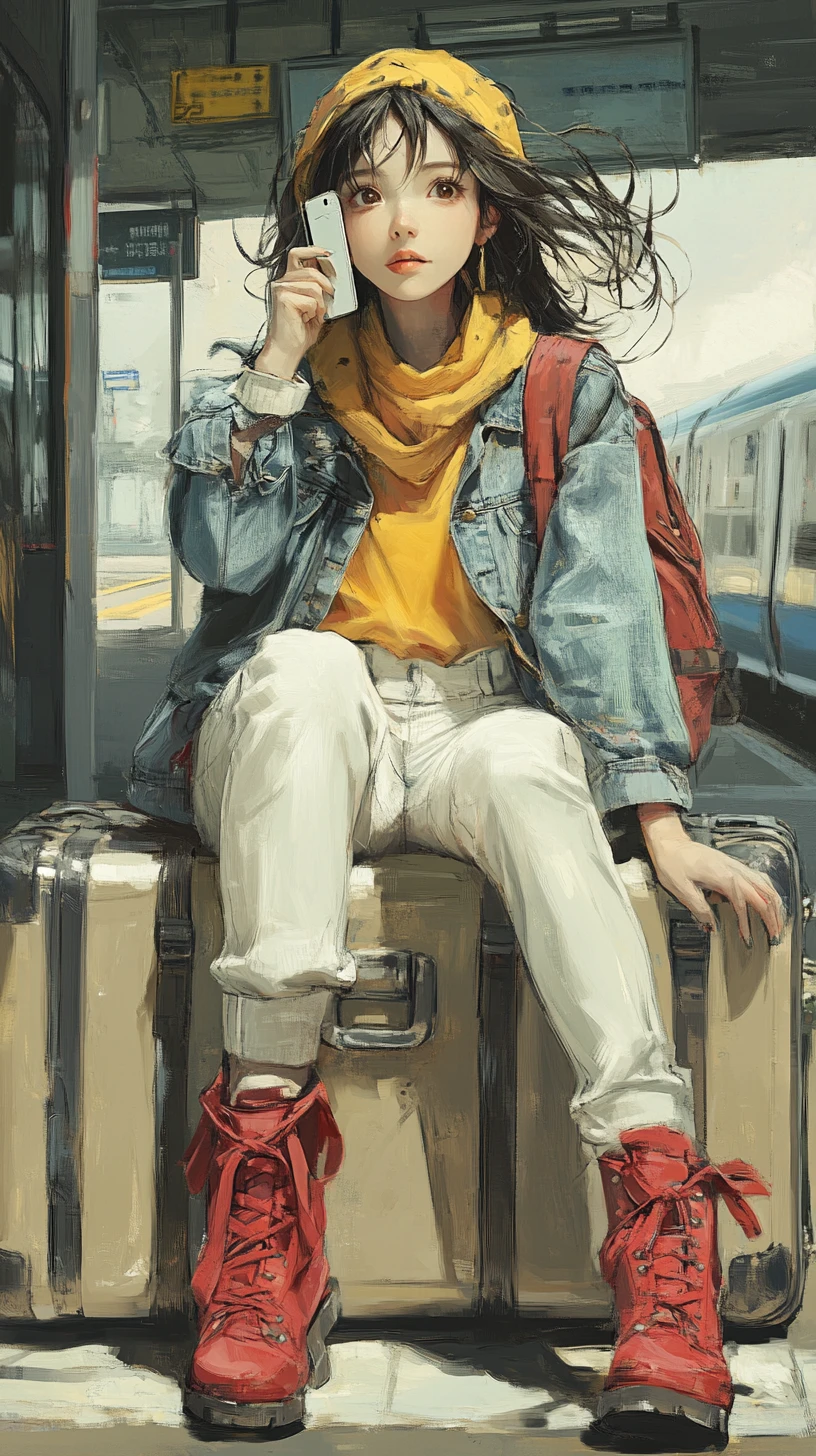 明亮車站上坐在行李箱上的俏皮動漫女孩