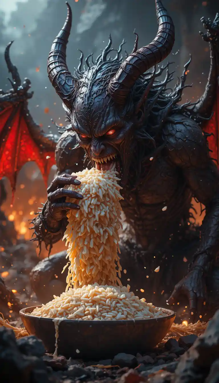 Demonio grotesco devorando arroz podrido en un paisaje infernal en llamas