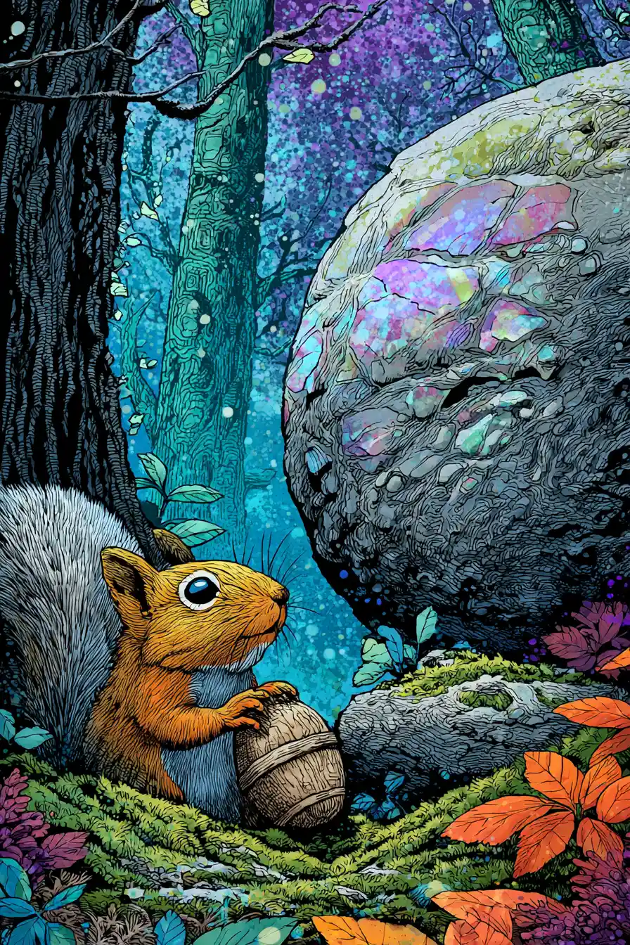Mischievous Squirrel Hiding Behind Iridescent Forest Rock